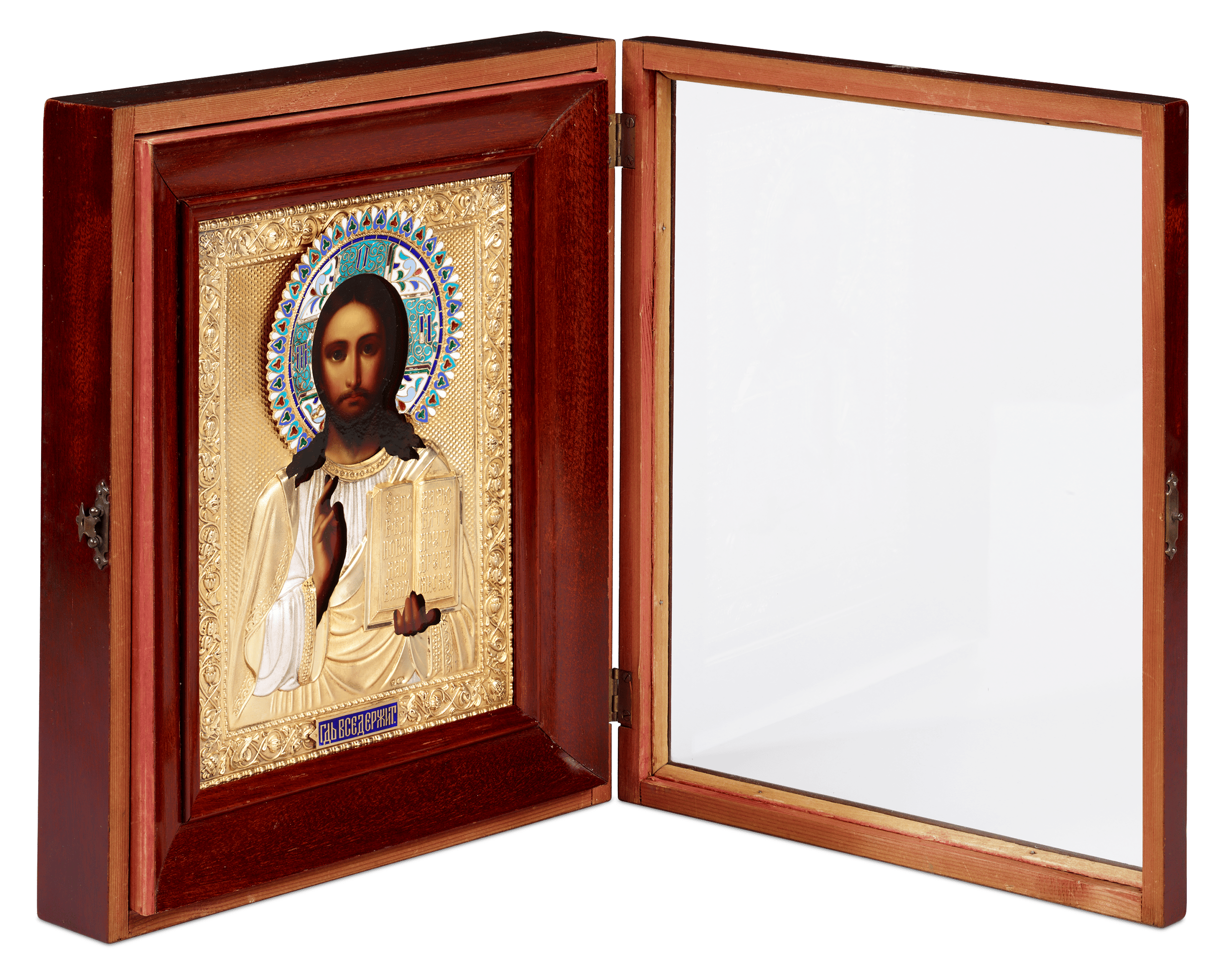 Russian Christ Pantocrator Icon with Enameled Silver Oklad