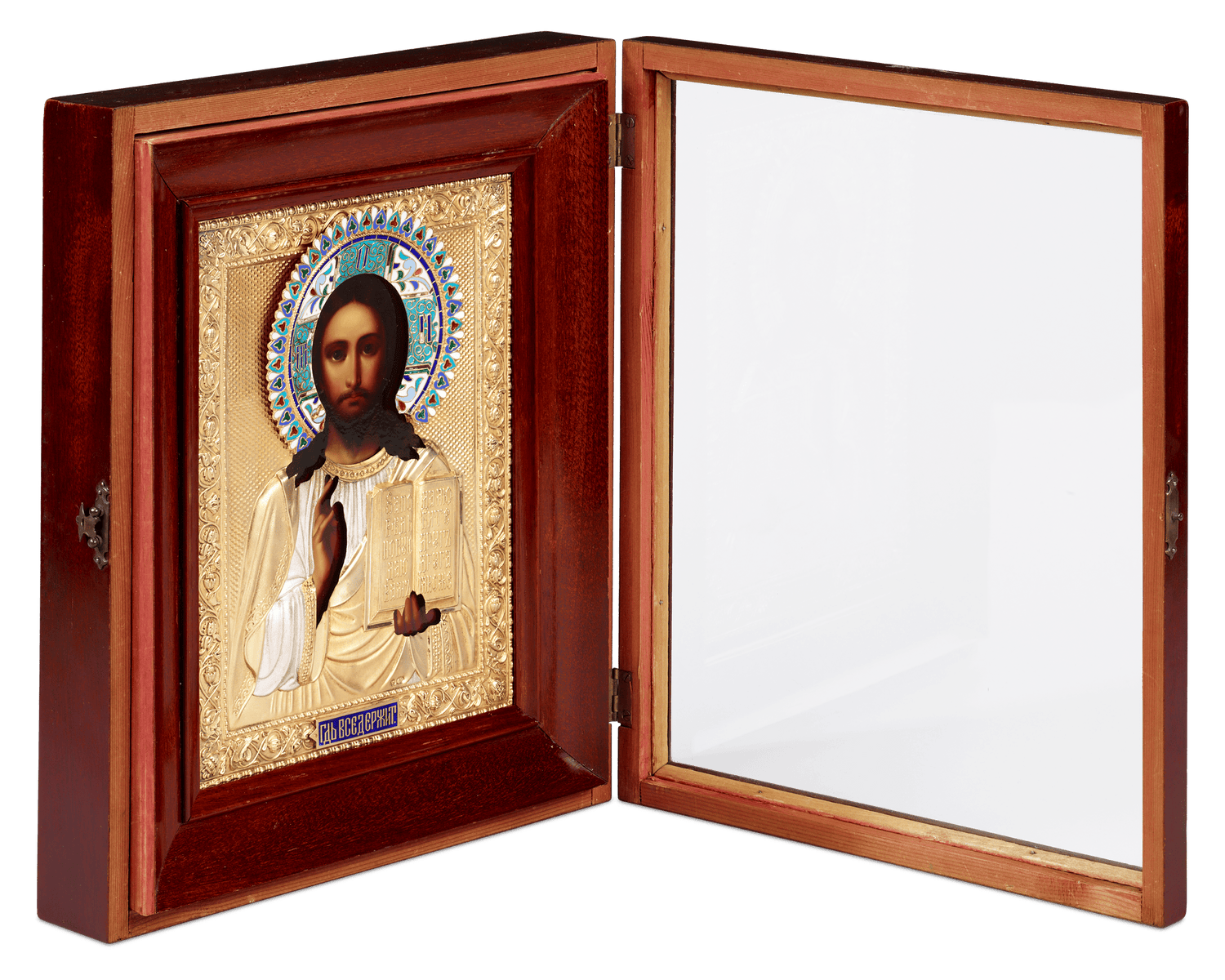 Russian Christ Pantocrator Icon with Enameled Silver Oklad