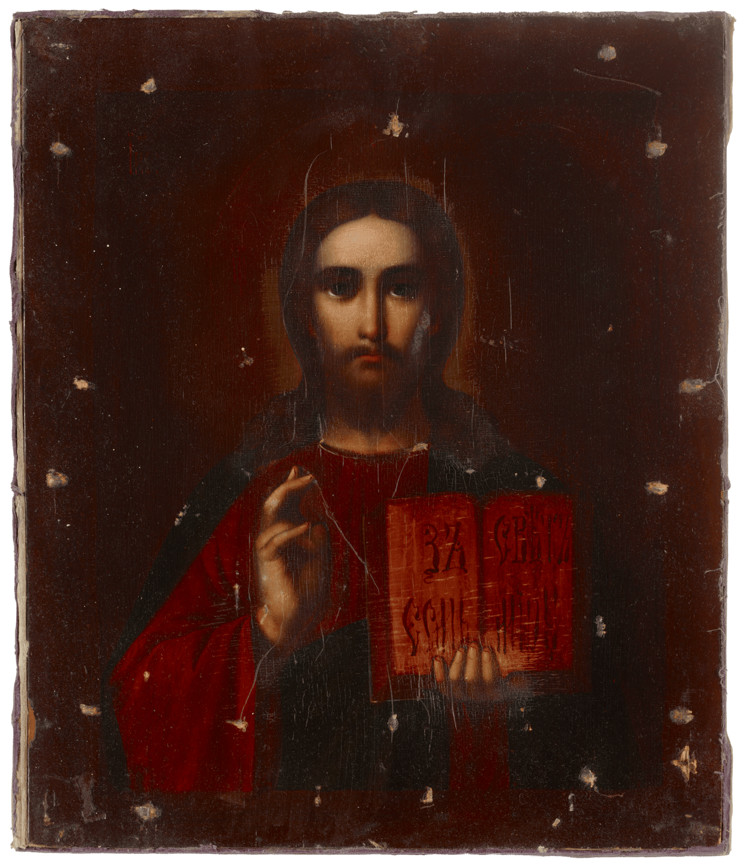 Russian Christ Pantocrator Icon with Enameled Silver Oklad