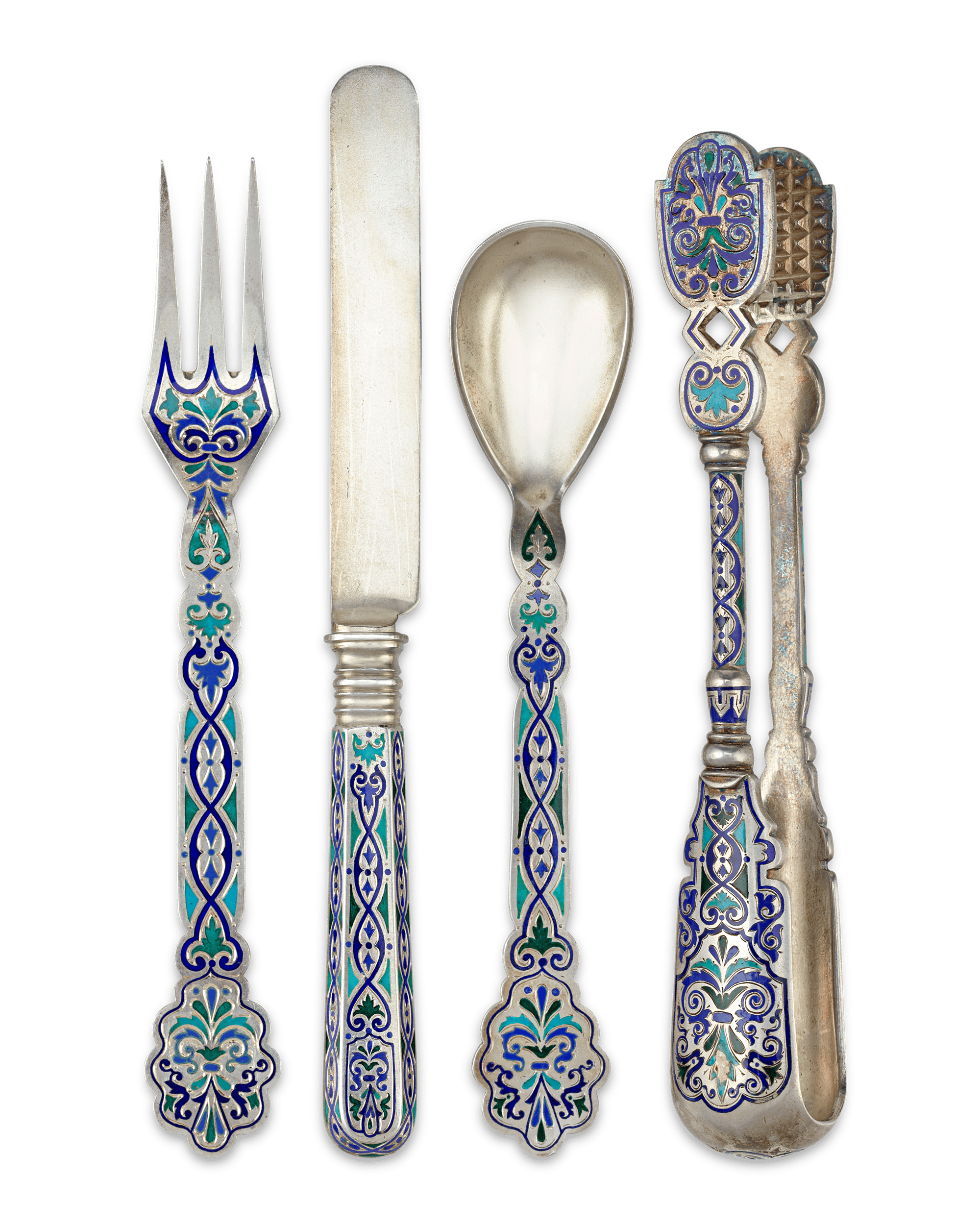 Russian Silver and Enamel Dessert Service for 12