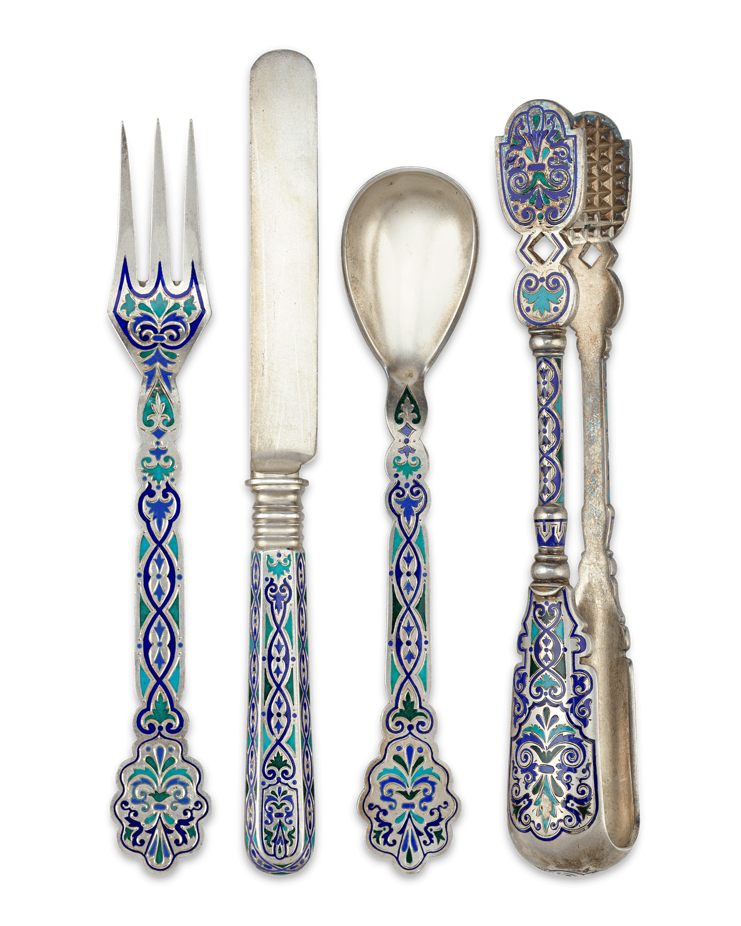 Russian Silver and Enamel Dessert Service for 12