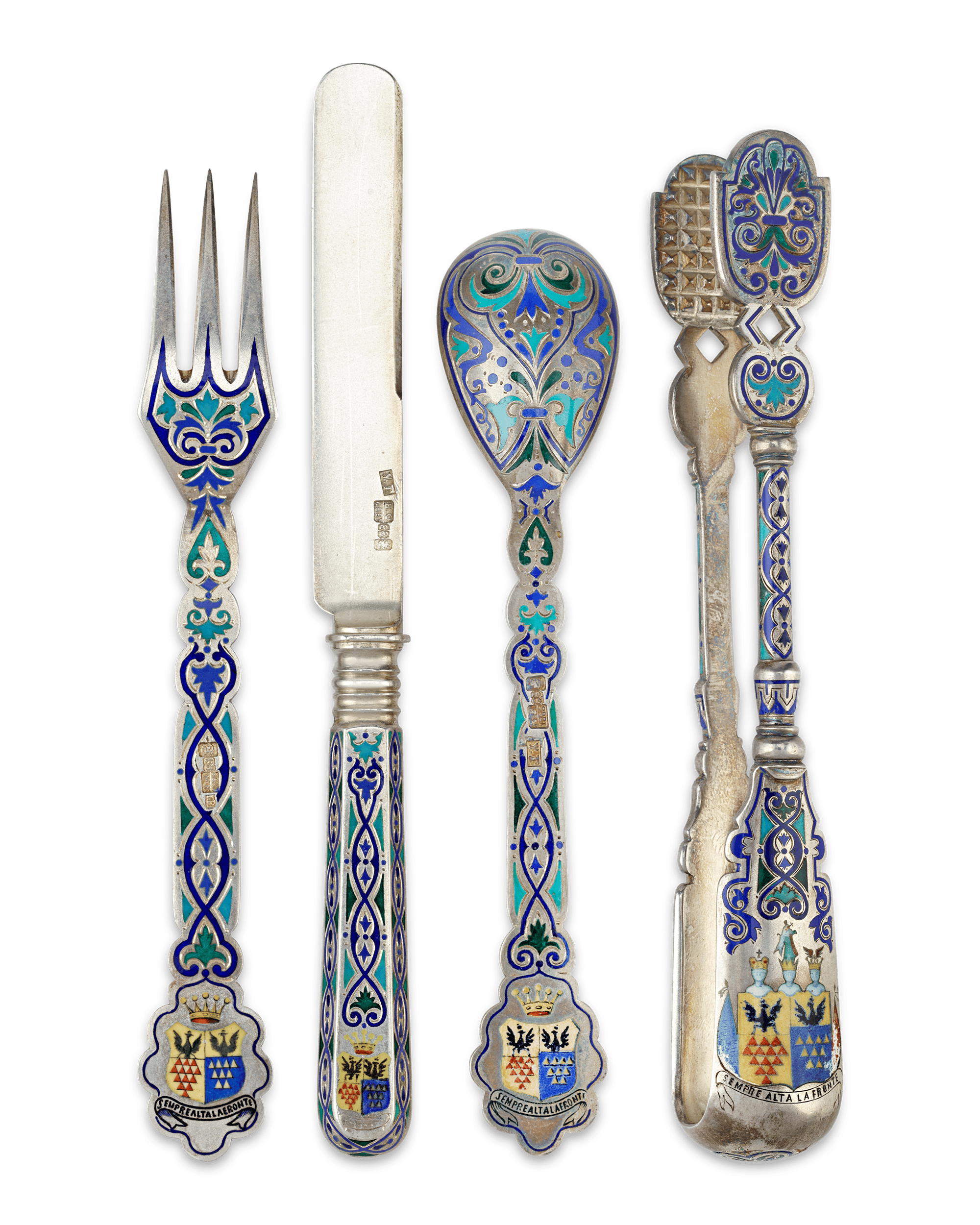 Russian Silver and Enamel Dessert Service for 12