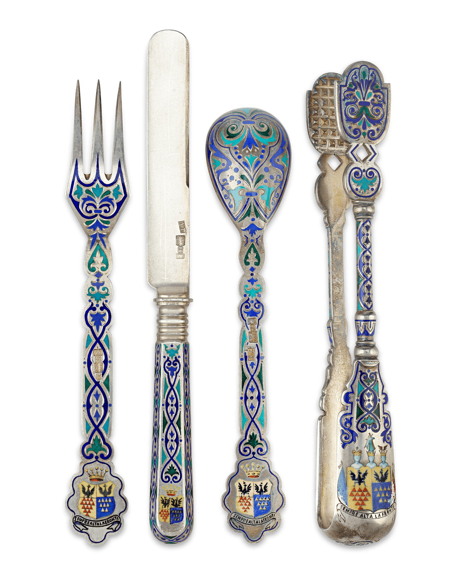 Russian Silver and Enamel Dessert Service for 12