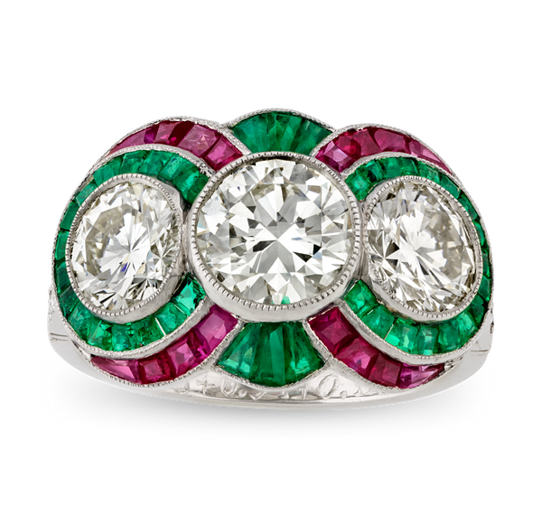 Art Deco-Style Diamond, Emerald and Ruby Ring