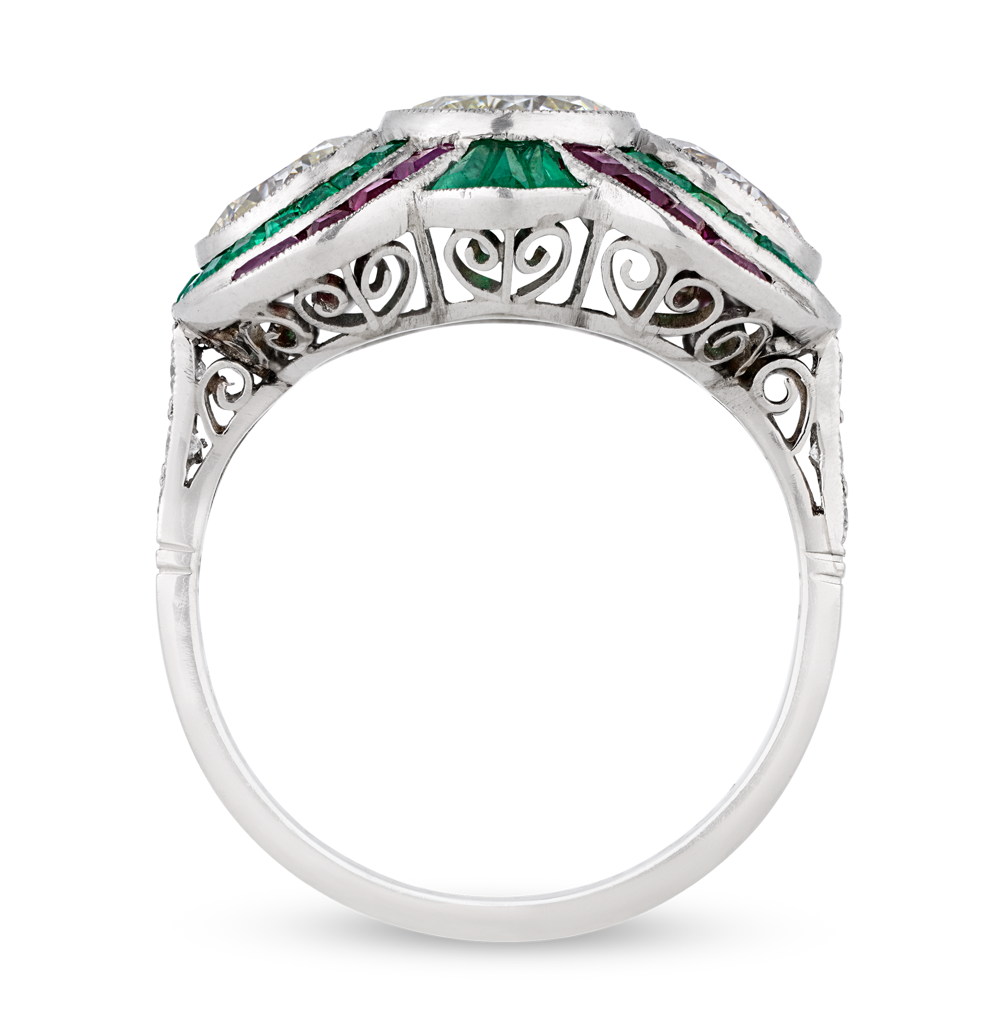 Art Deco-Style Diamond, Emerald and Ruby Ring