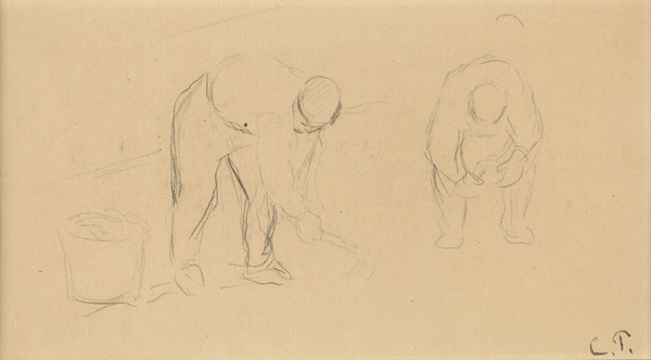 Two Plowmen in a Field by Camille Pissarro