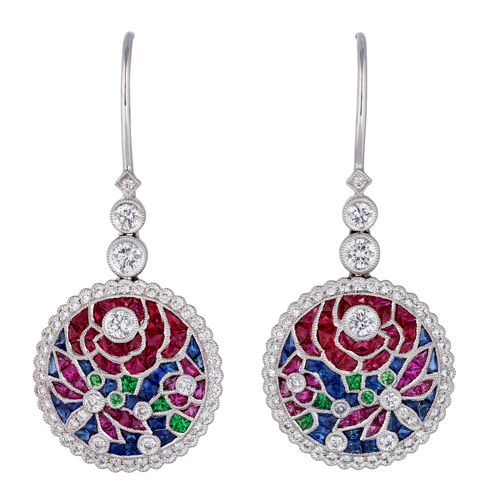 Ruby, Sapphire and Tsavorite Earrings
