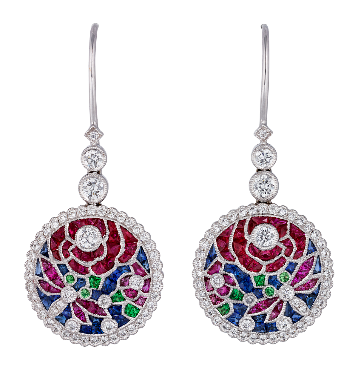 Ruby, Sapphire and Tsavorite Earrings