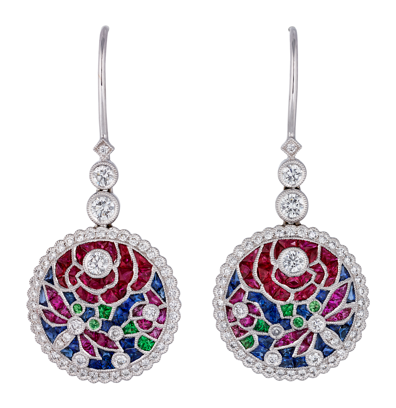 Ruby, Sapphire and Tsavorite Earrings