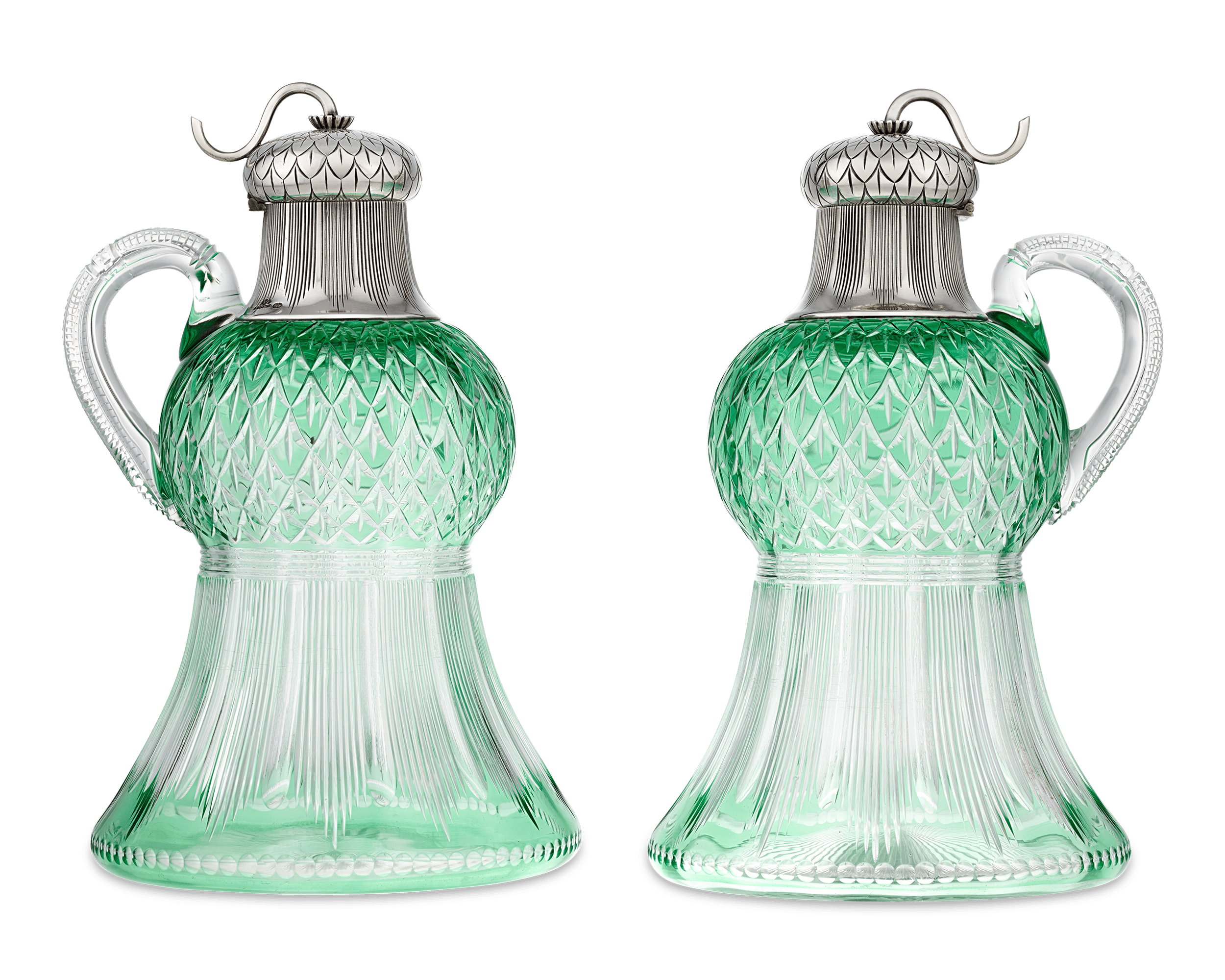 Fabergé Silver-Mounted Glass Thistle-Form Jugs