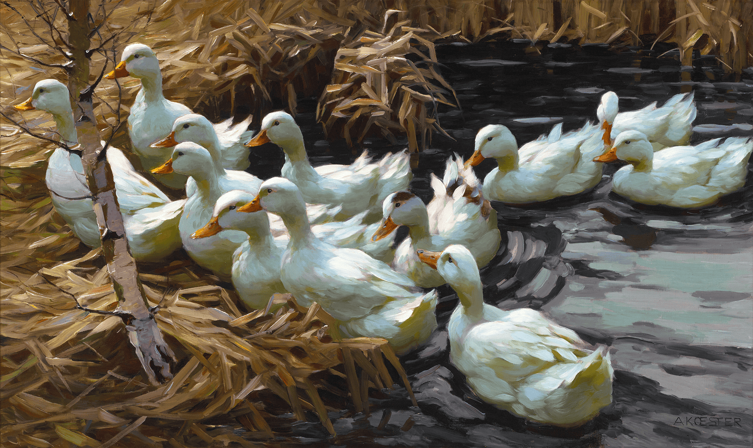 Twelve Ducks in the Reeds by Alexander Koester