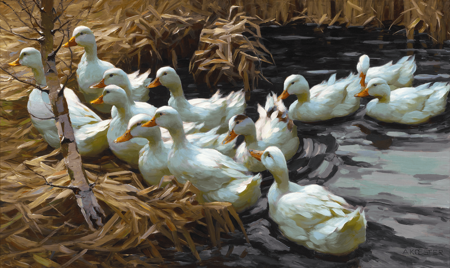 Twelve Ducks in the Reeds by Alexander Koester