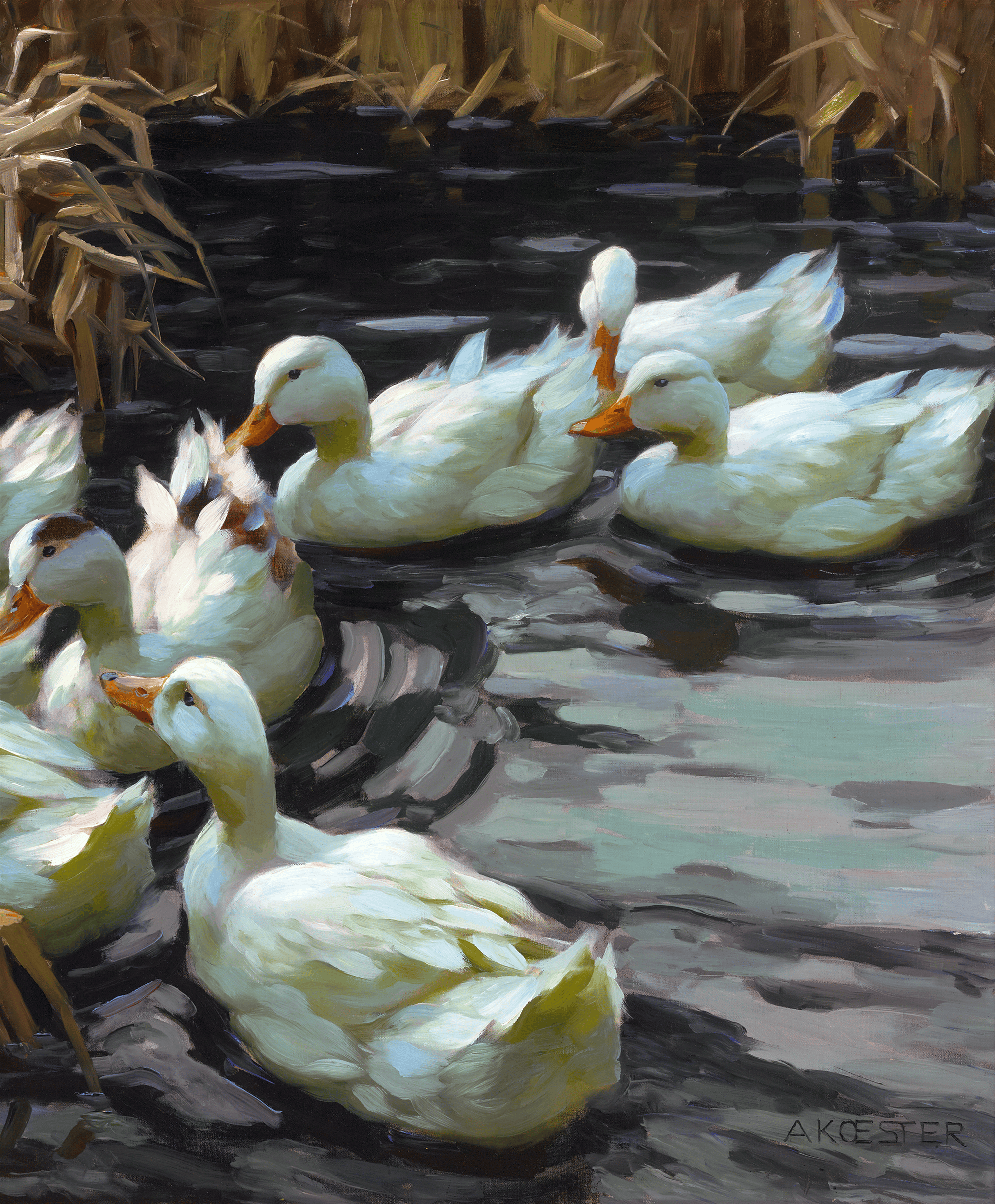 Twelve Ducks in the Reeds by Alexander Koester