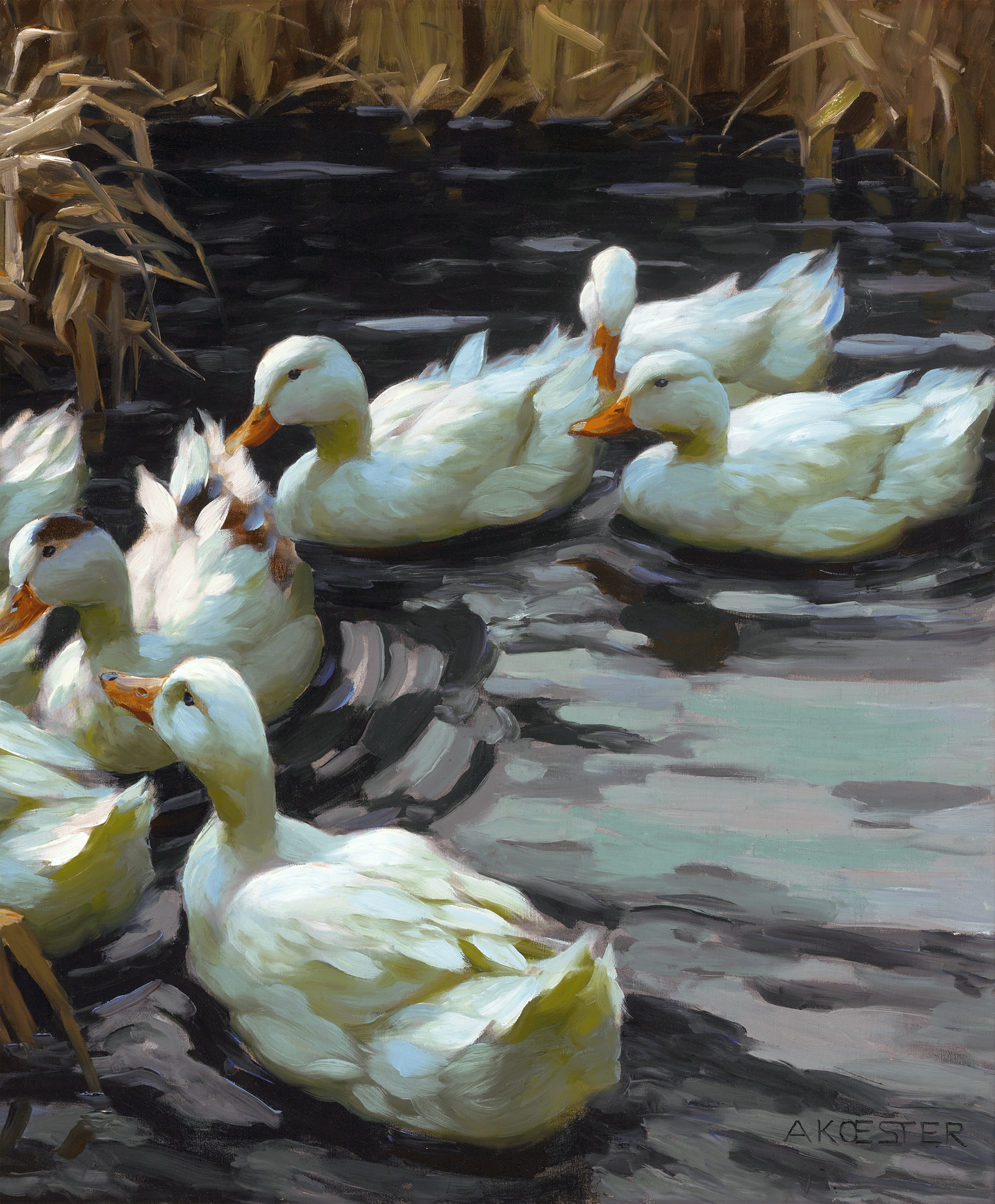 Twelve Ducks in the Reeds by Alexander Koester