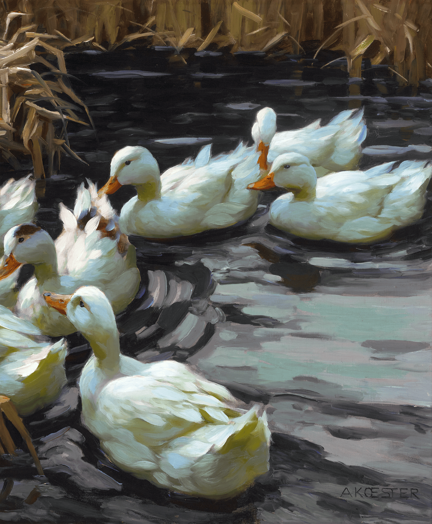 Twelve Ducks in the Reeds by Alexander Koester