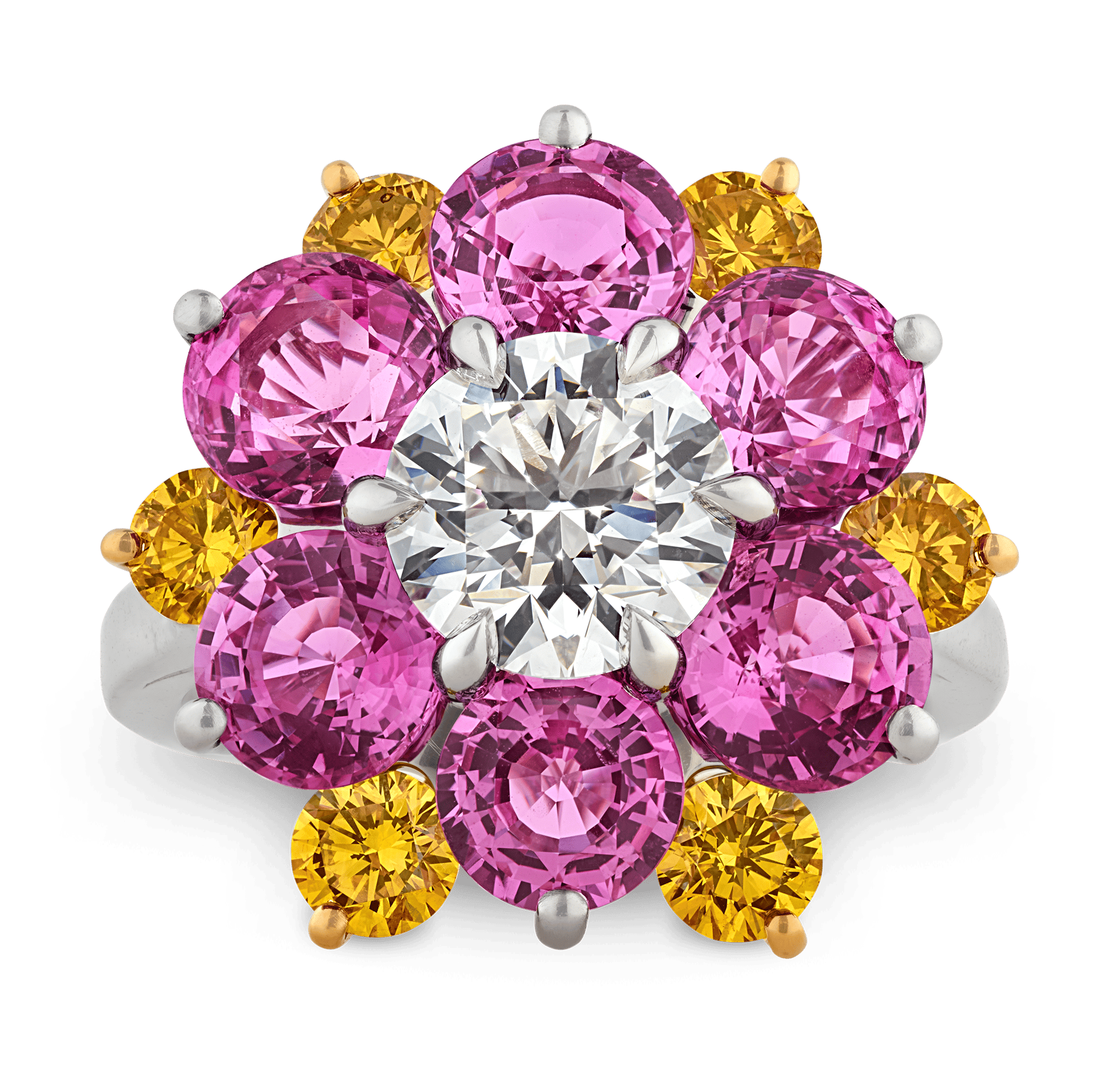 Oscar Heyman Pink Sapphire and Yellow Diamond Floral Ring