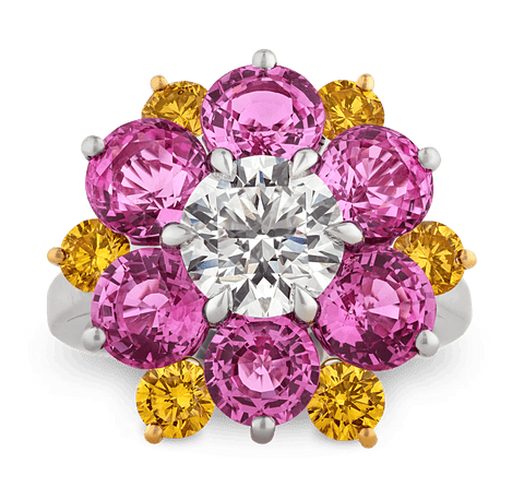 Oscar Heyman Pink Sapphire and Yellow Diamond Floral Ring