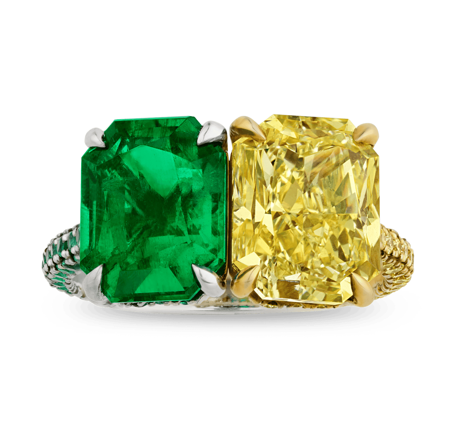 Emerald and Yellow Diamond Toi et Moi Ring