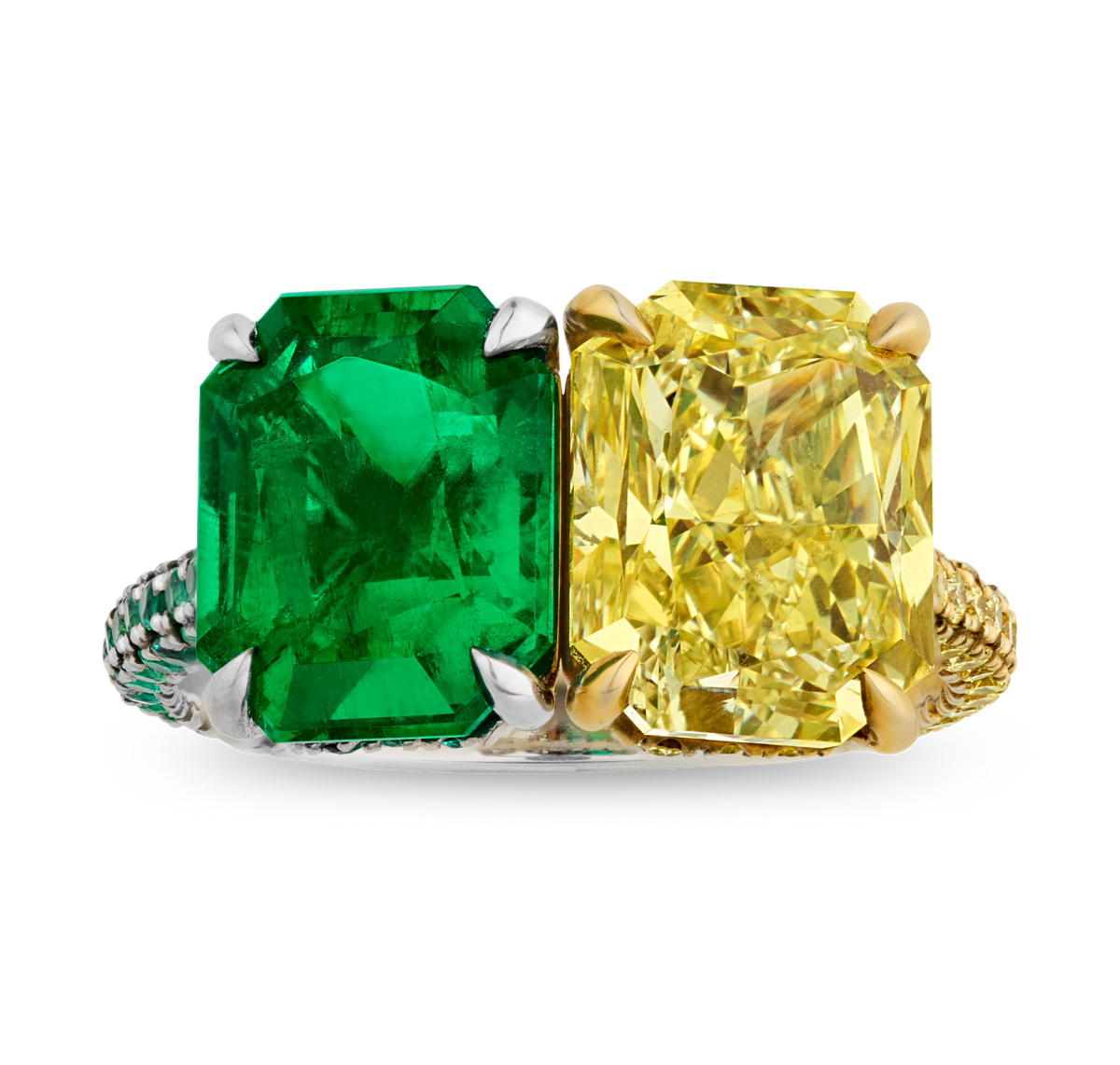 Emerald and Yellow Diamond Toi et Moi Ring