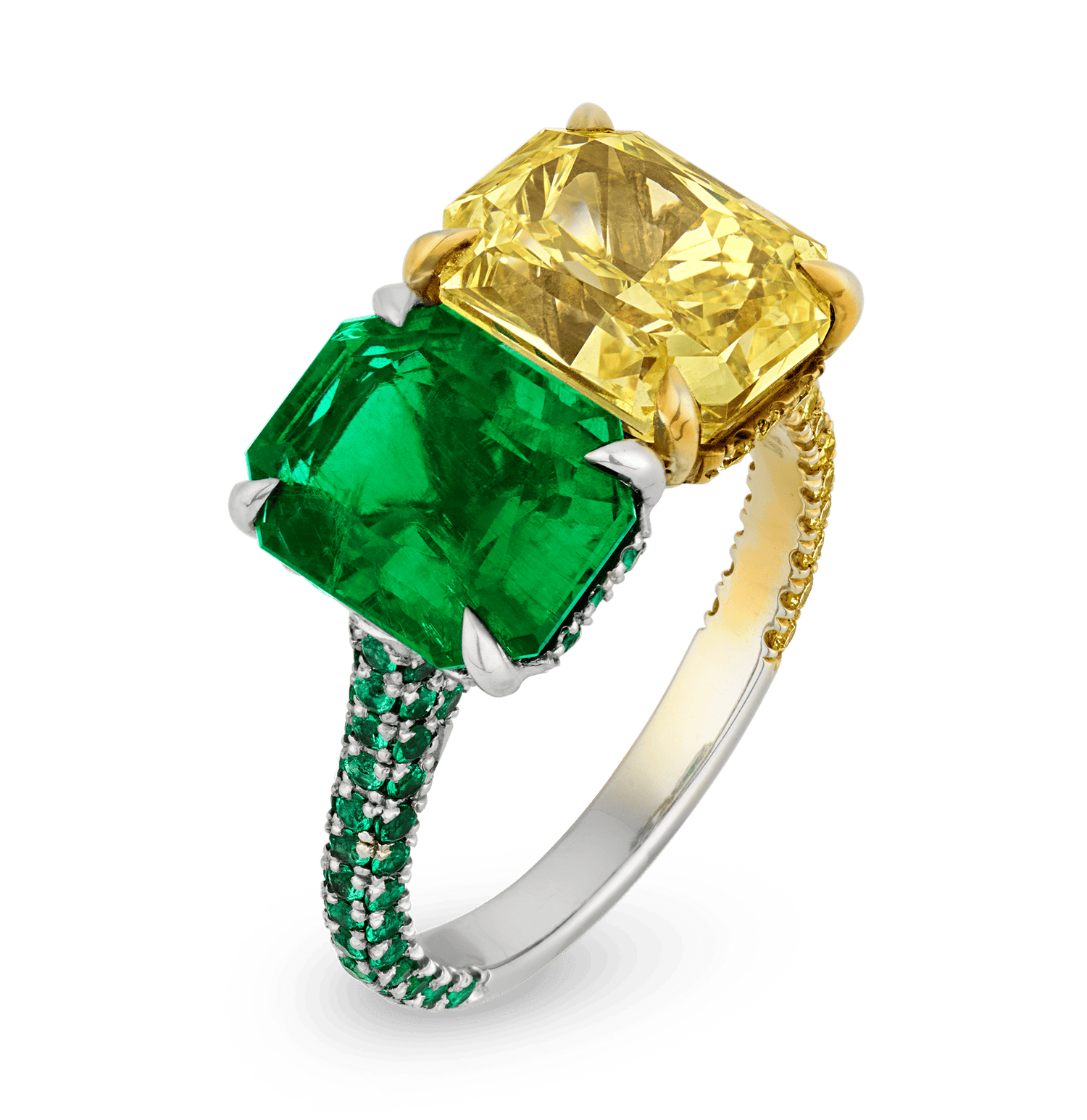 Emerald and Yellow Diamond Toi et Moi Ring