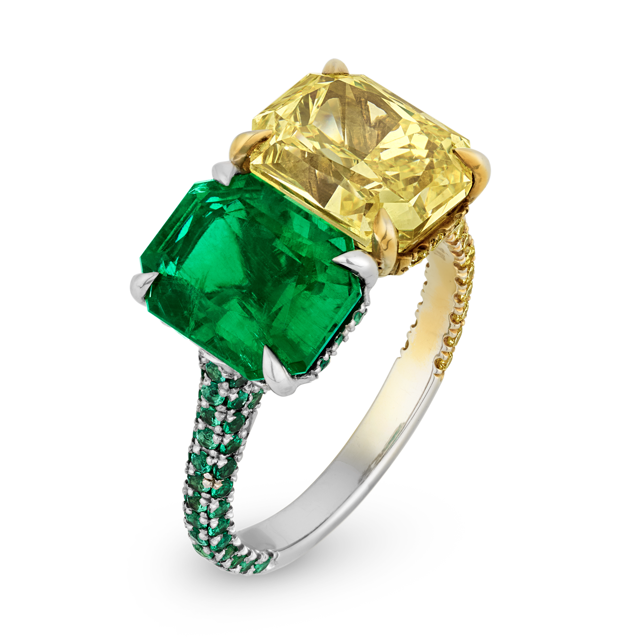 Emerald and Yellow Diamond Toi et Moi Ring
