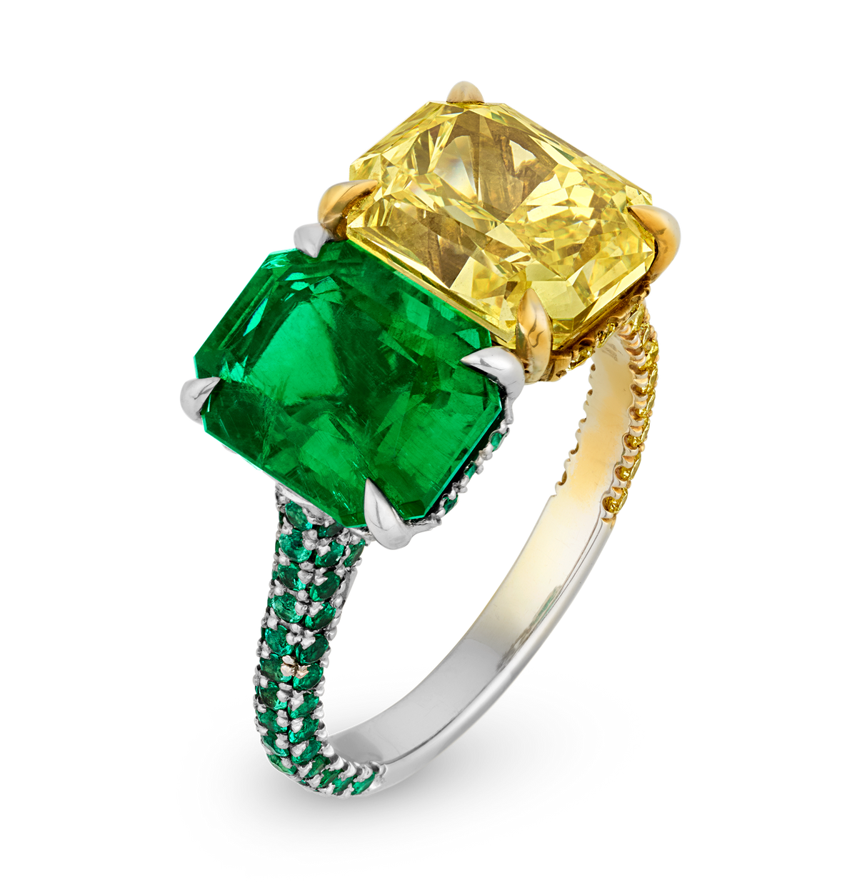 Emerald and Yellow Diamond Toi et Moi Ring