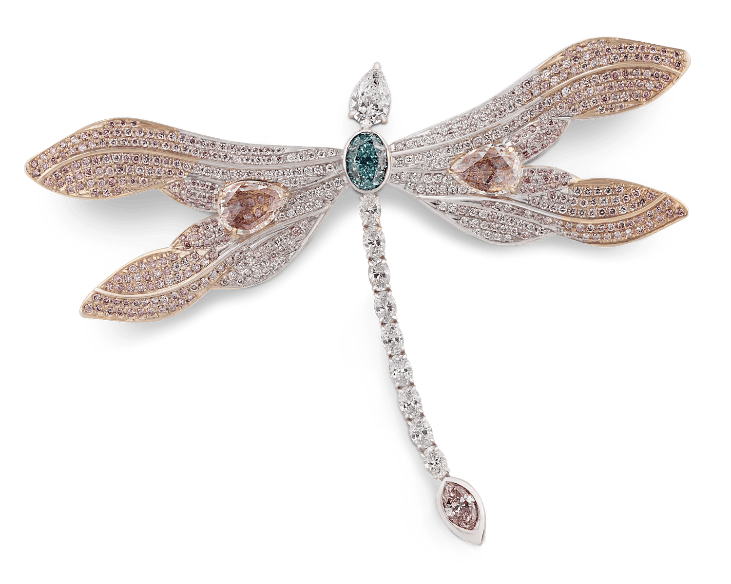 Bluish Green and Pink Diamond Dragonfly Brooch, 7.86 Carats