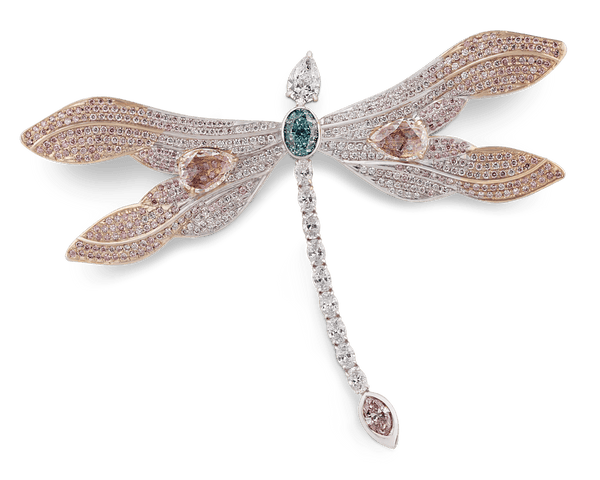 Bluish Green and Pink Diamond Dragonfly Brooch, 7.86 Carats