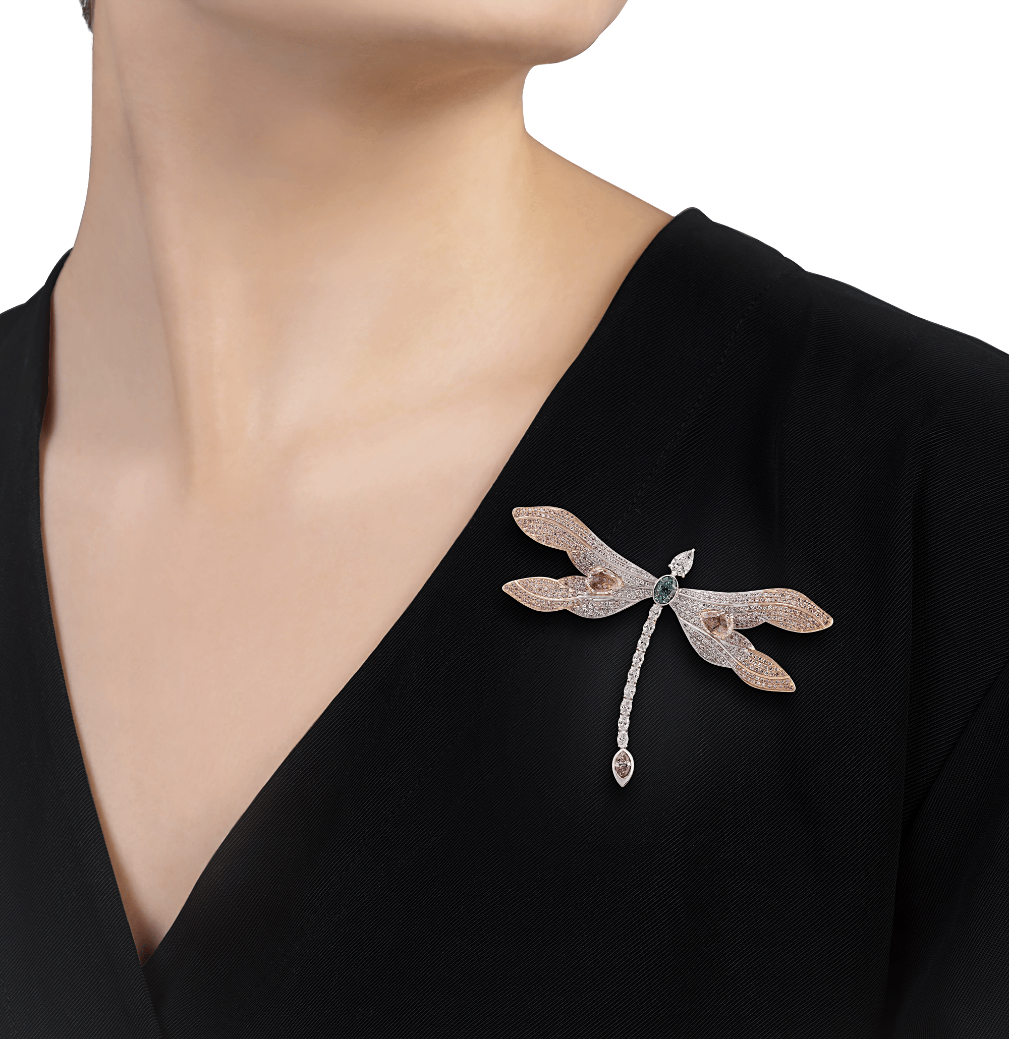 Bluish Green and Pink Diamond Dragonfly Brooch, 7.86 Carats