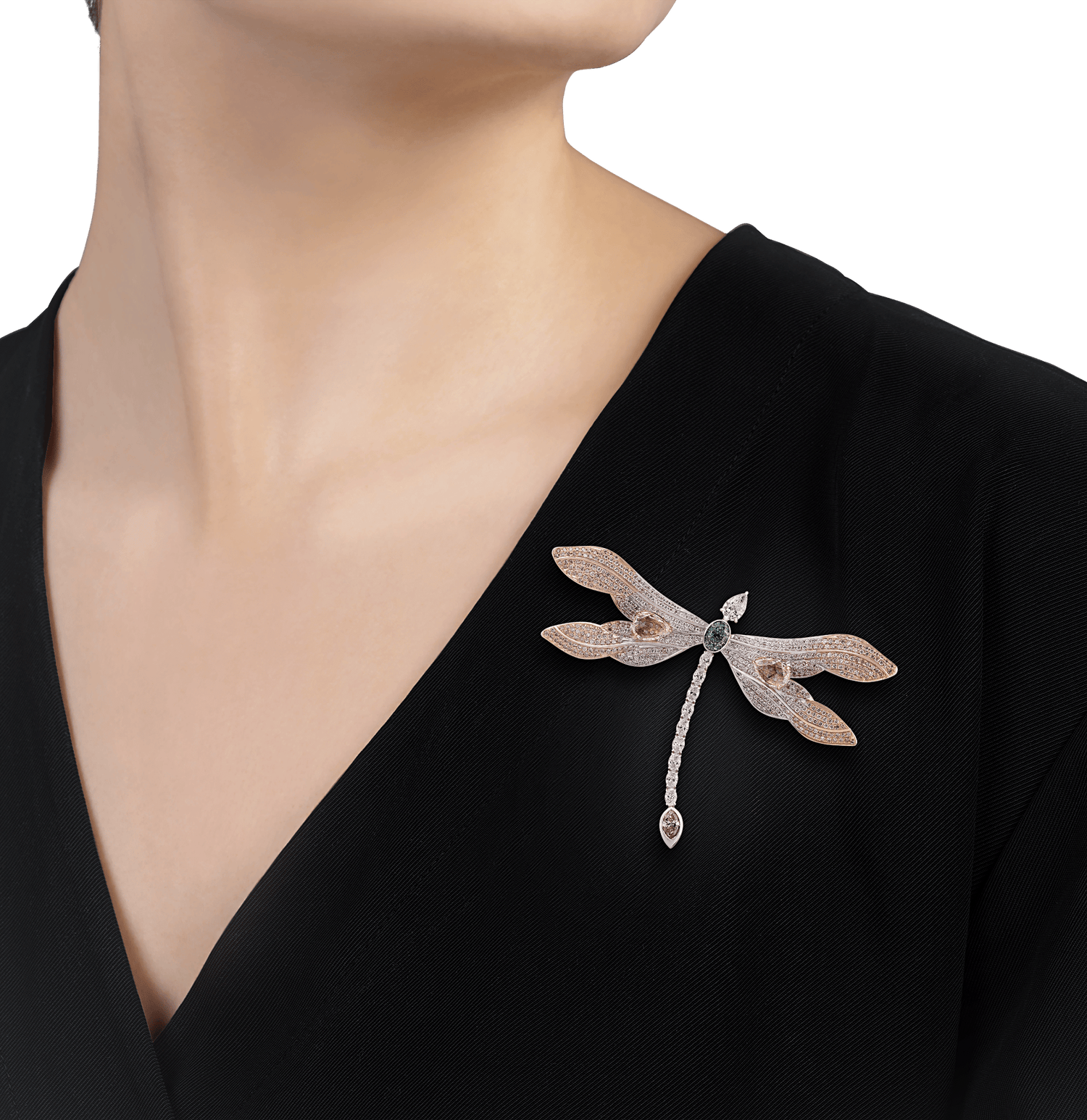 Bluish Green and Pink Diamond Dragonfly Brooch, 7.86 Carats