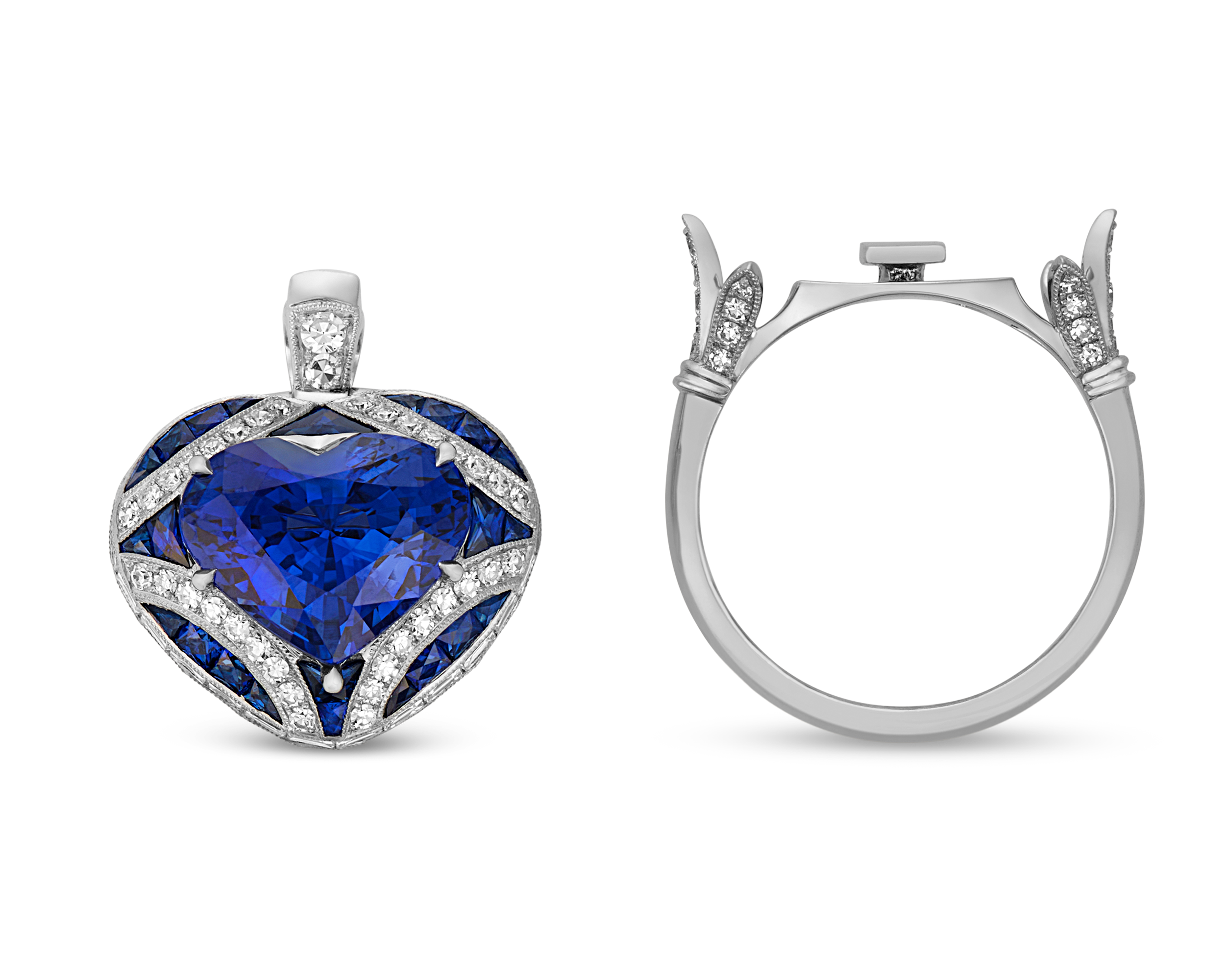 Heart Shaped Sapphire Convertible Pendant Ring, 6.46 Carats