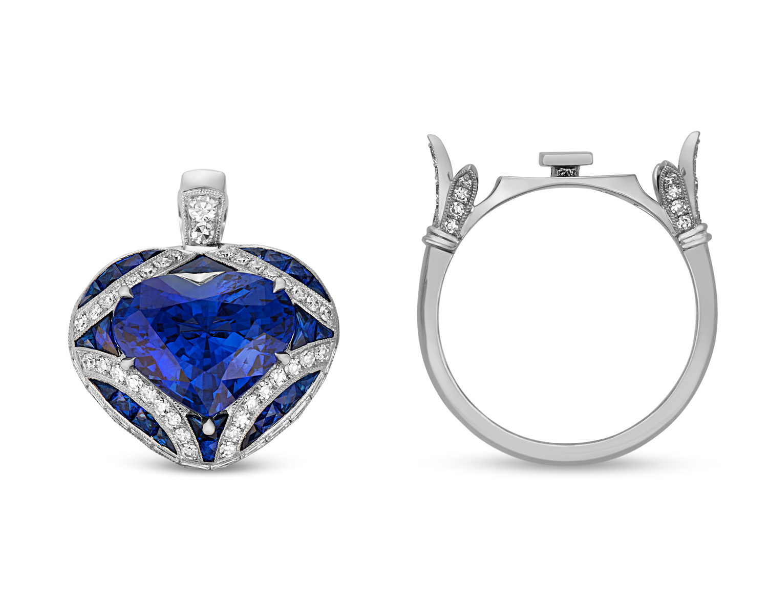 Heart Shaped Sapphire Convertible Pendant Ring, 6.46 Carats