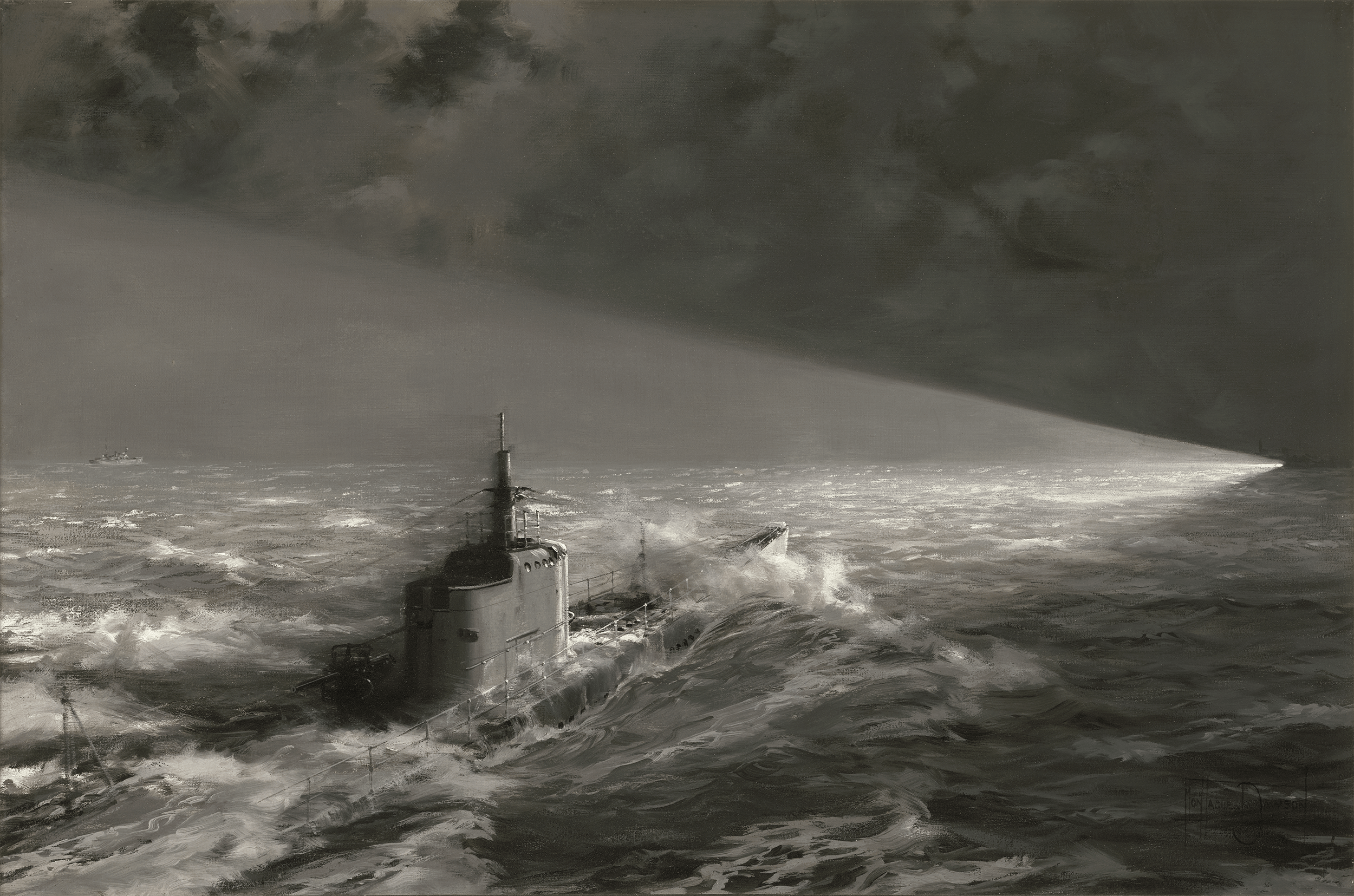 US Submarine Caught in Enemy Searchlights by Montague Dawson
