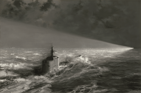 US Submarine Caught in Enemy Searchlights by Montague Dawson