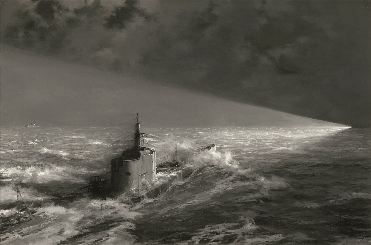 US Submarine Caught in Enemy Searchlights by Montague Dawson