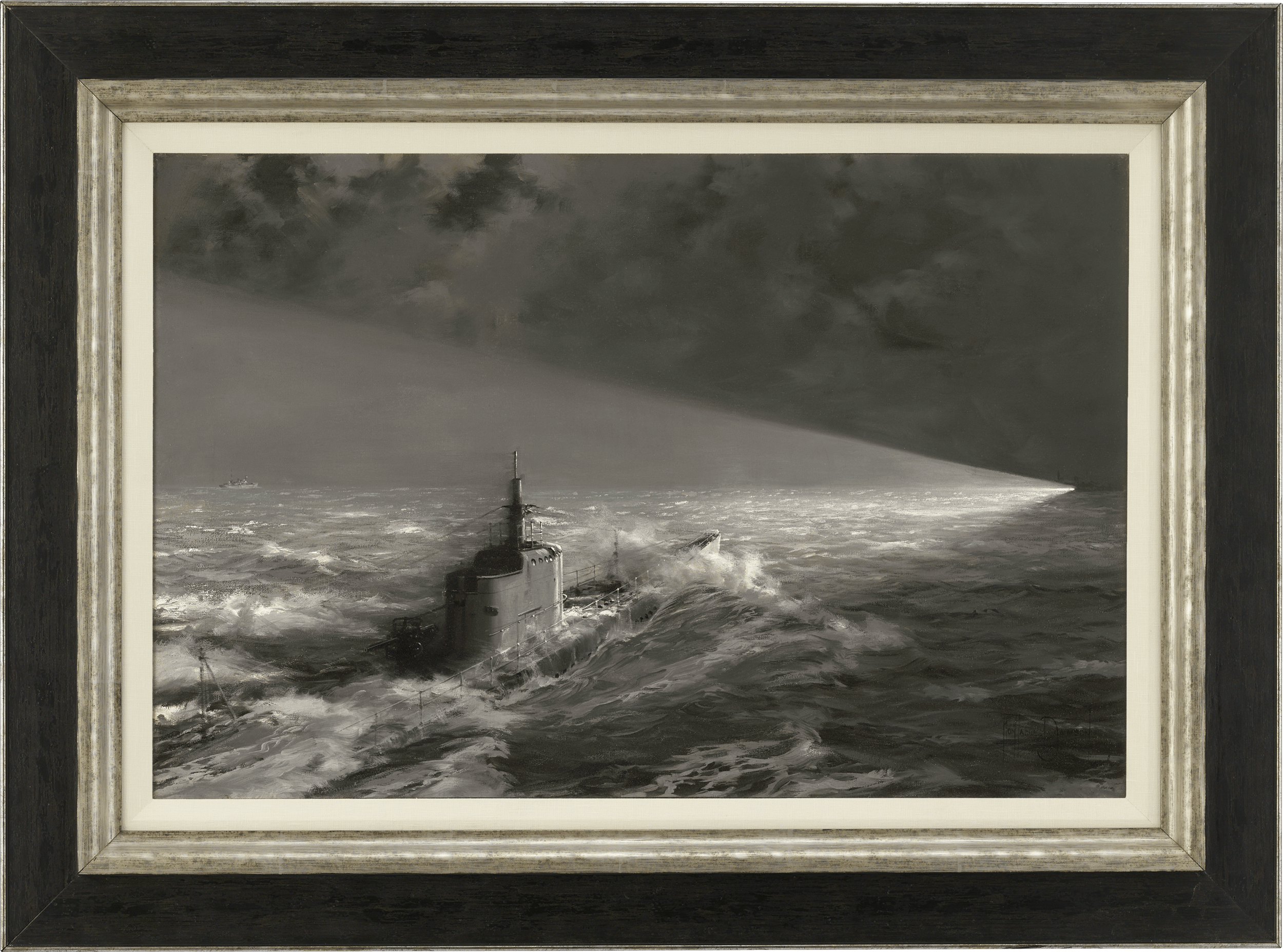 US Submarine Caught in Enemy Searchlights by Montague Dawson