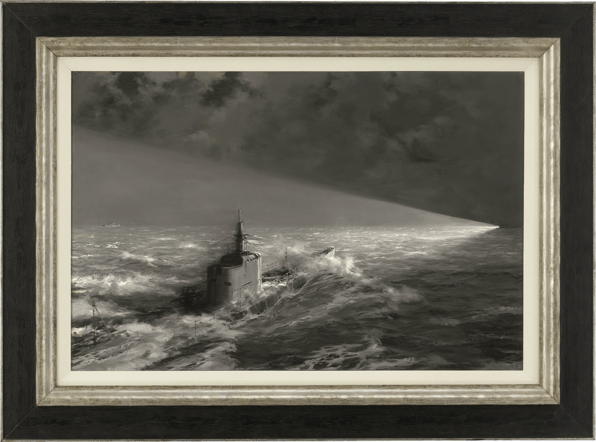 US Submarine Caught in Enemy Searchlights by Montague Dawson