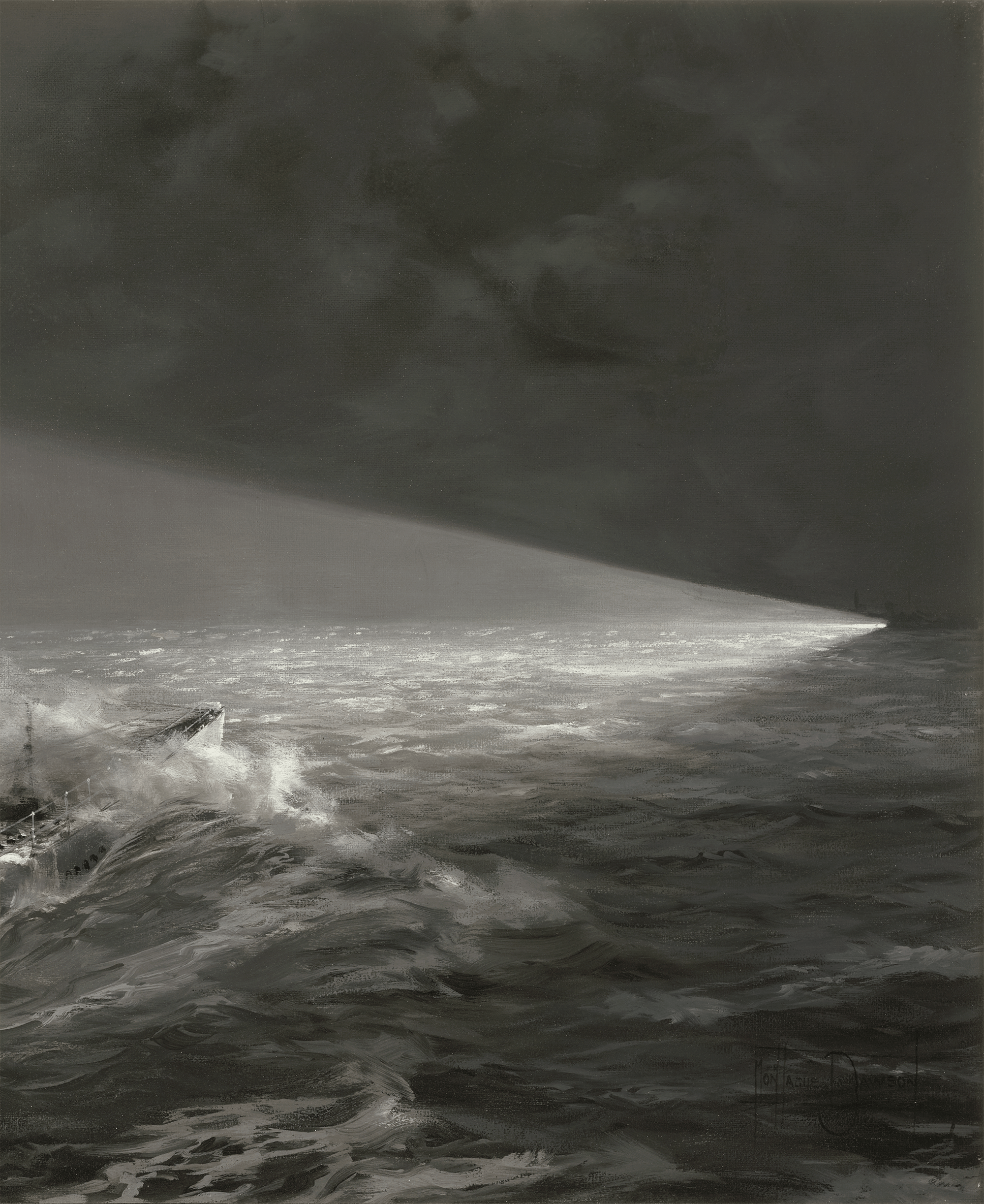 US Submarine Caught in Enemy Searchlights by Montague Dawson