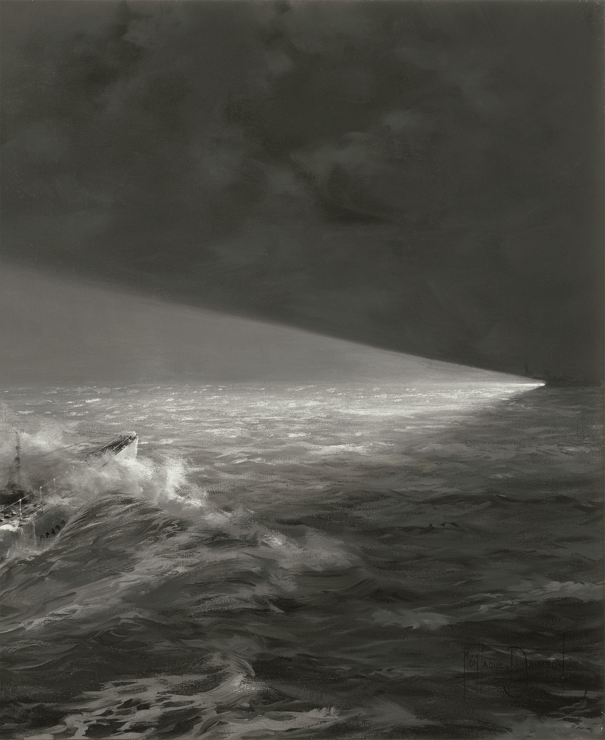 US Submarine Caught in Enemy Searchlights by Montague Dawson
