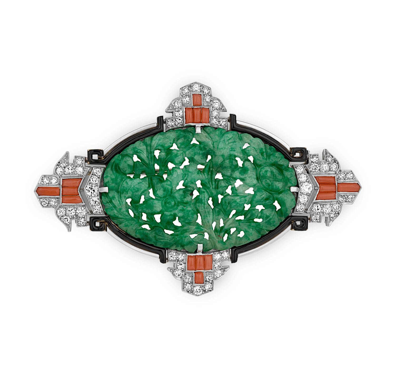 Art Deco Jade, Coral and Diamond Brooch