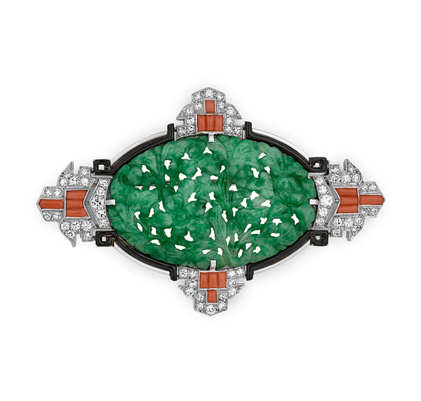 Art Deco Jade, Coral and Diamond Brooch