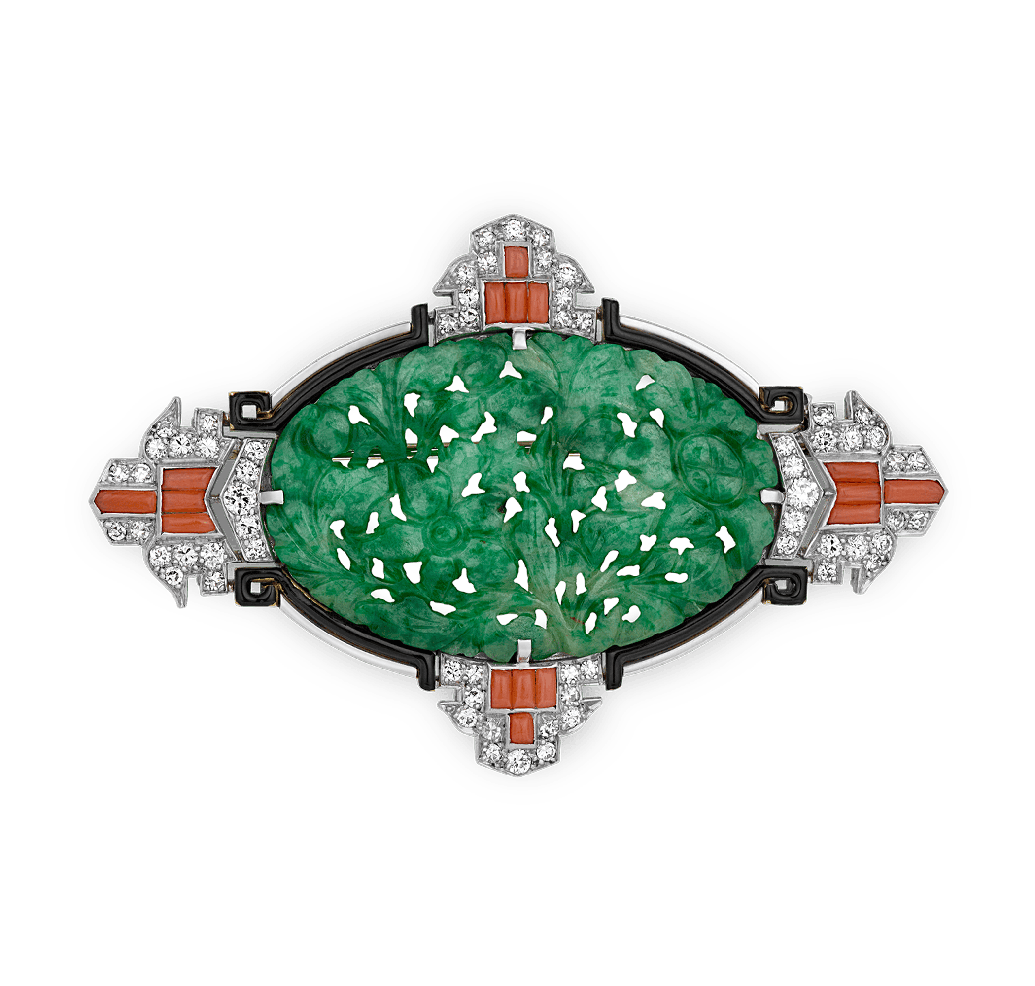 Art Deco Jade, Coral and Diamond Brooch