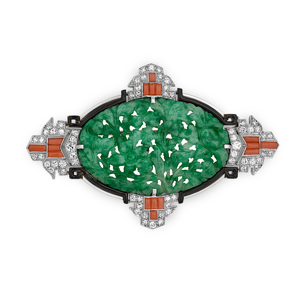 Art Deco Jade, Coral and Diamond Brooch