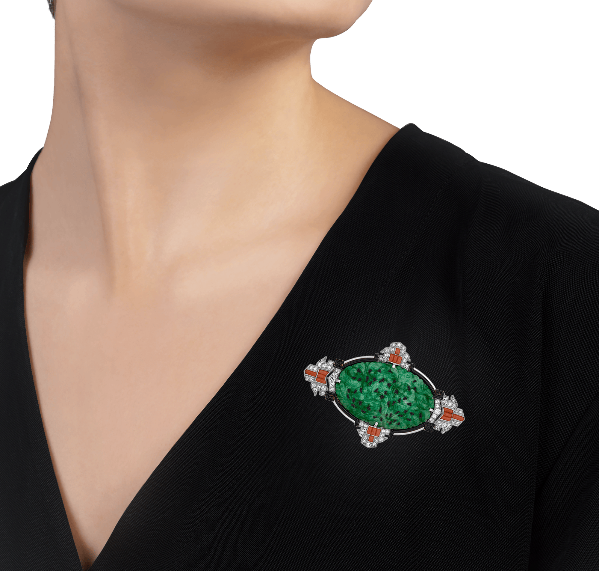 Art Deco Jade, Coral and Diamond Brooch