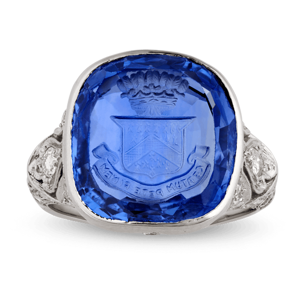 Art Deco Intaglio Untreated Ceylon Sapphire Ring, 11.48 Carats