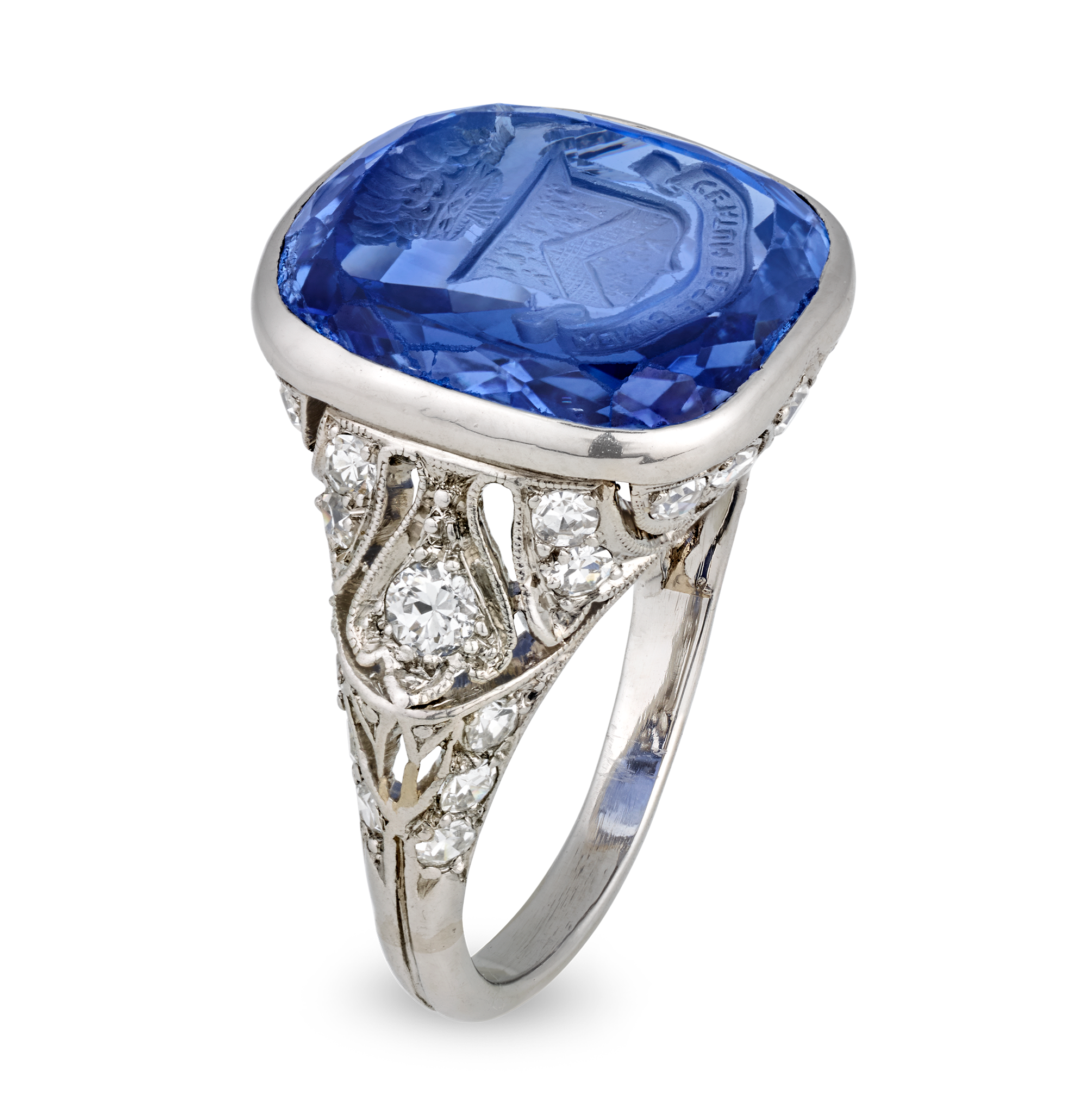 Art Deco Intaglio Untreated Ceylon Sapphire Ring, 11.48 Carats