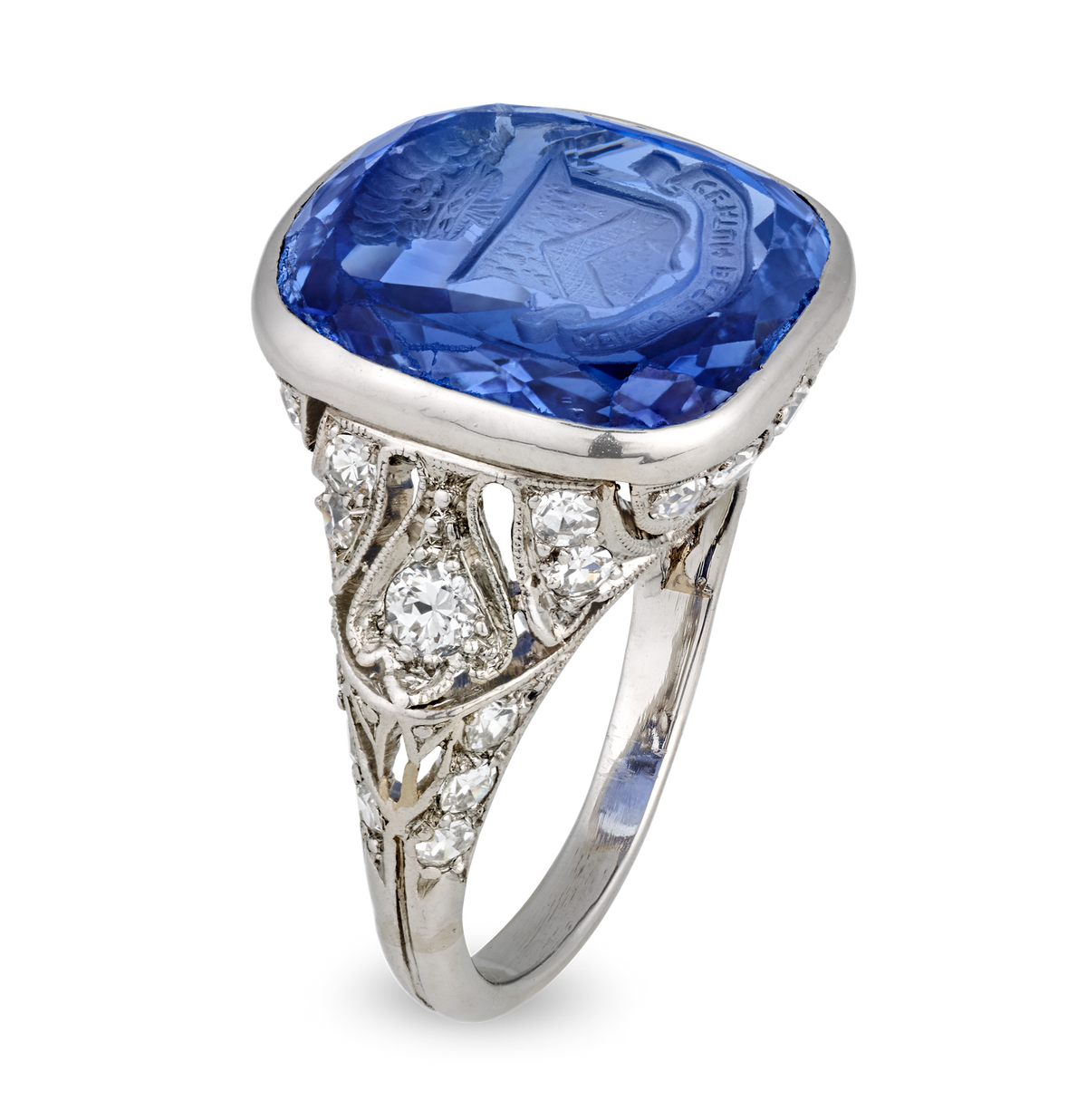 Art Deco Intaglio Untreated Ceylon Sapphire Ring, 11.48 Carats