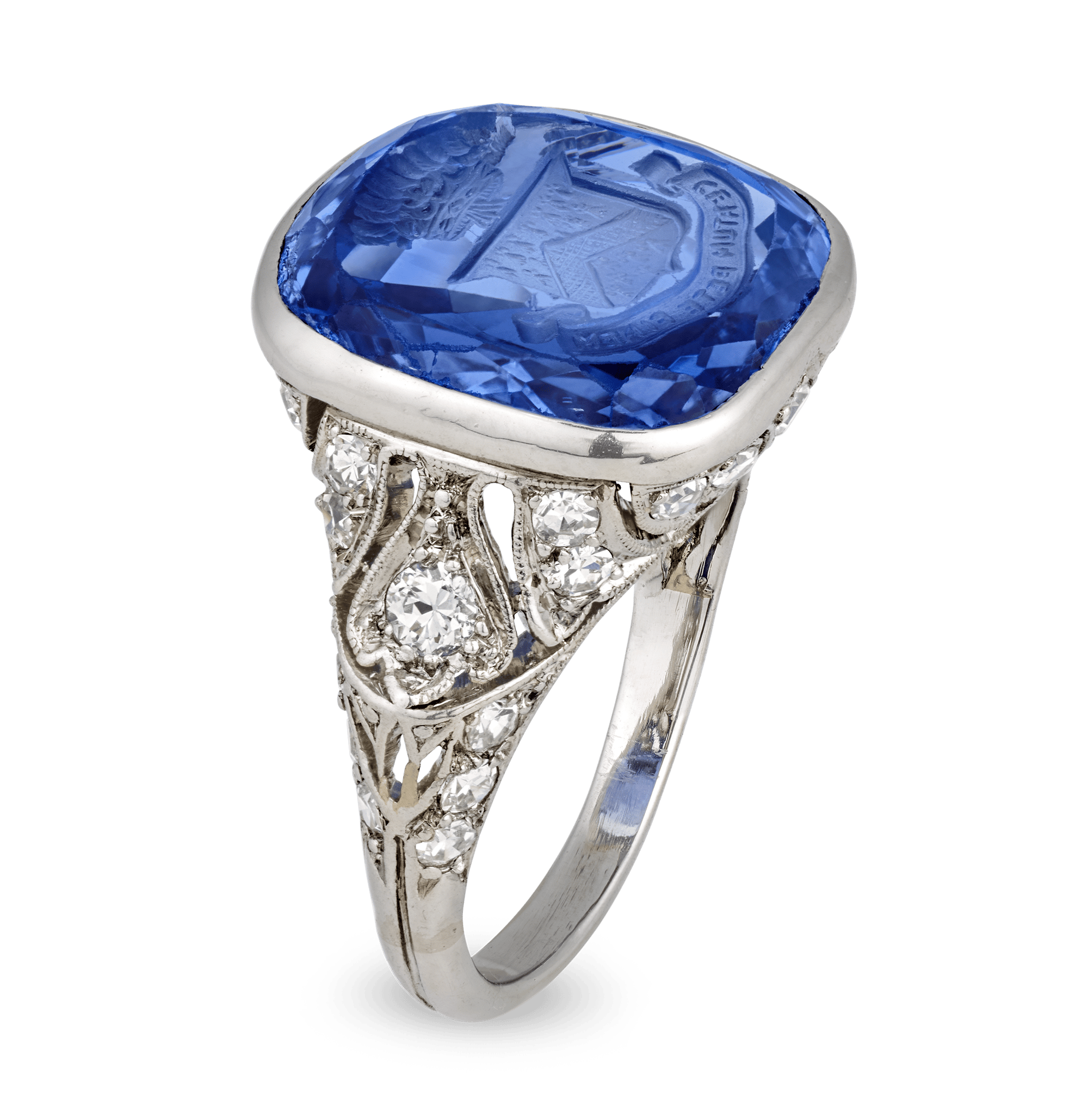 Art Deco Intaglio Untreated Ceylon Sapphire Ring, 11.48 Carats