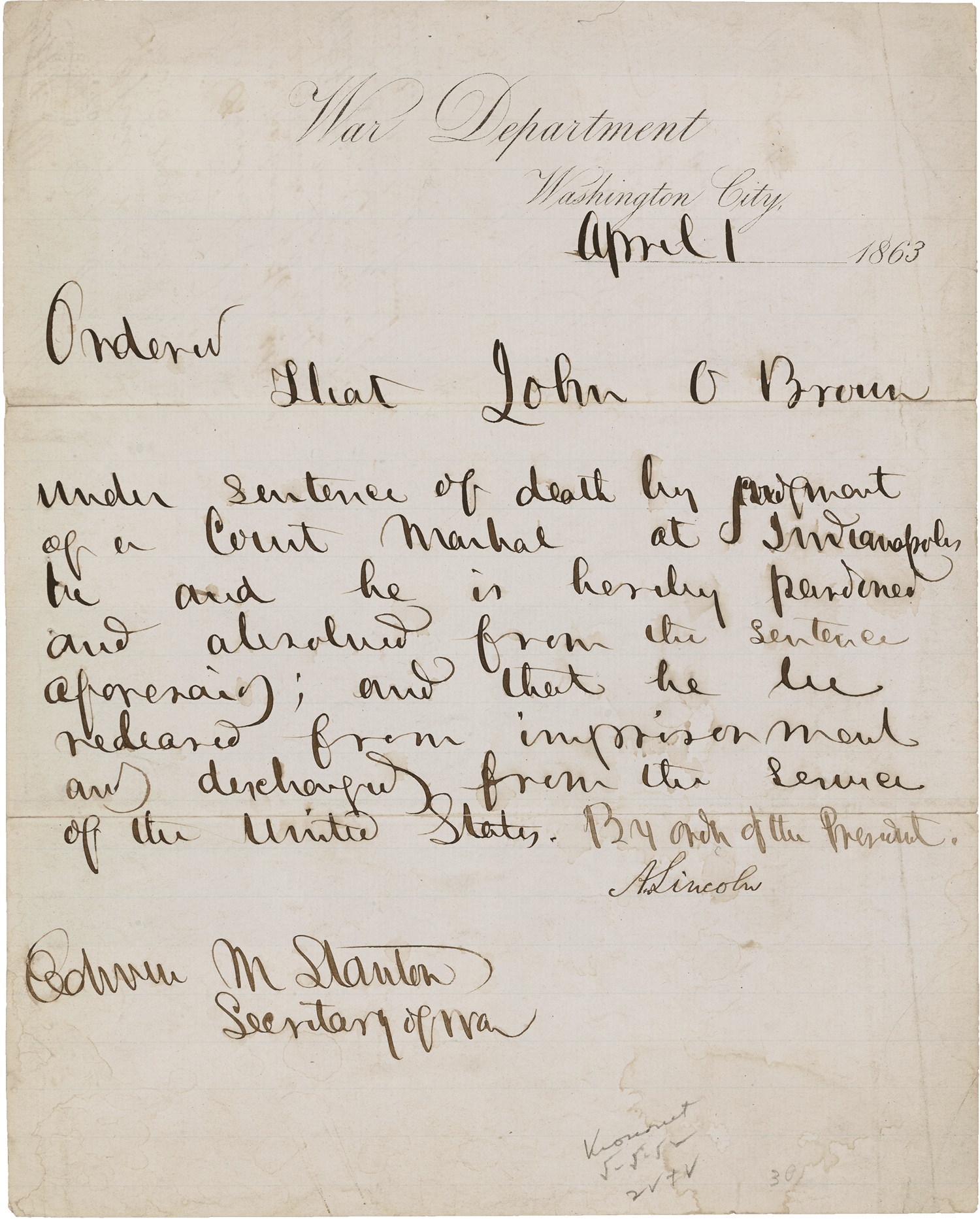 Civil War Letter of Pardon from Abraham Lincoln