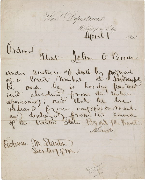 Civil War Letter of Pardon from Abraham Lincoln